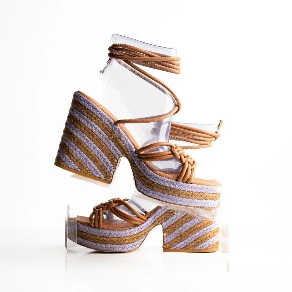 Anthropologie Womens Raffia Platform Ankle Tie Sandals US 9 EU 40 Purple NWB